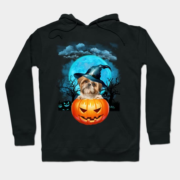 Shih Tzu Witch Hat Pumpkin And Blue Moon Halloween Hoodie by Tagliarini Kristi